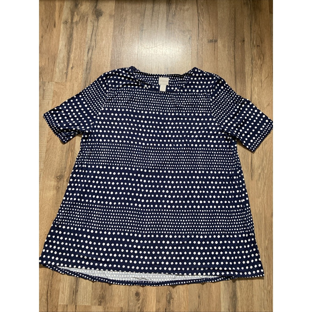 Women's Size 2 Large Chico's Polka Dot Casual Blouse Tee Blue White Patriotic